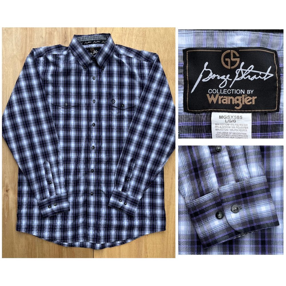 WRANGLER GEORGE STRAIT FLIP CUFF Men’s Black White Plaid Long Sleeve Shirt sz L